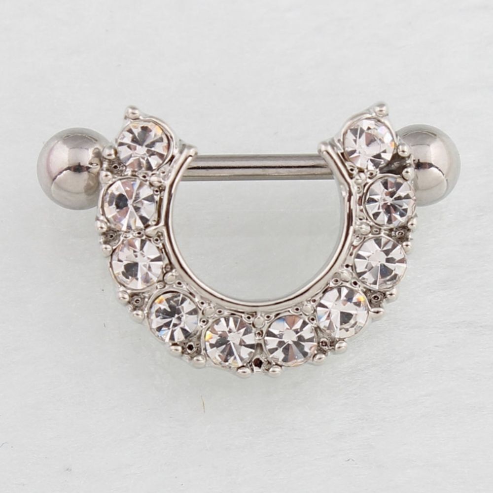 14G Nipple Rings Silver and Crystal Semicircle rings - 2 Piece Set - Picture 4 of 4